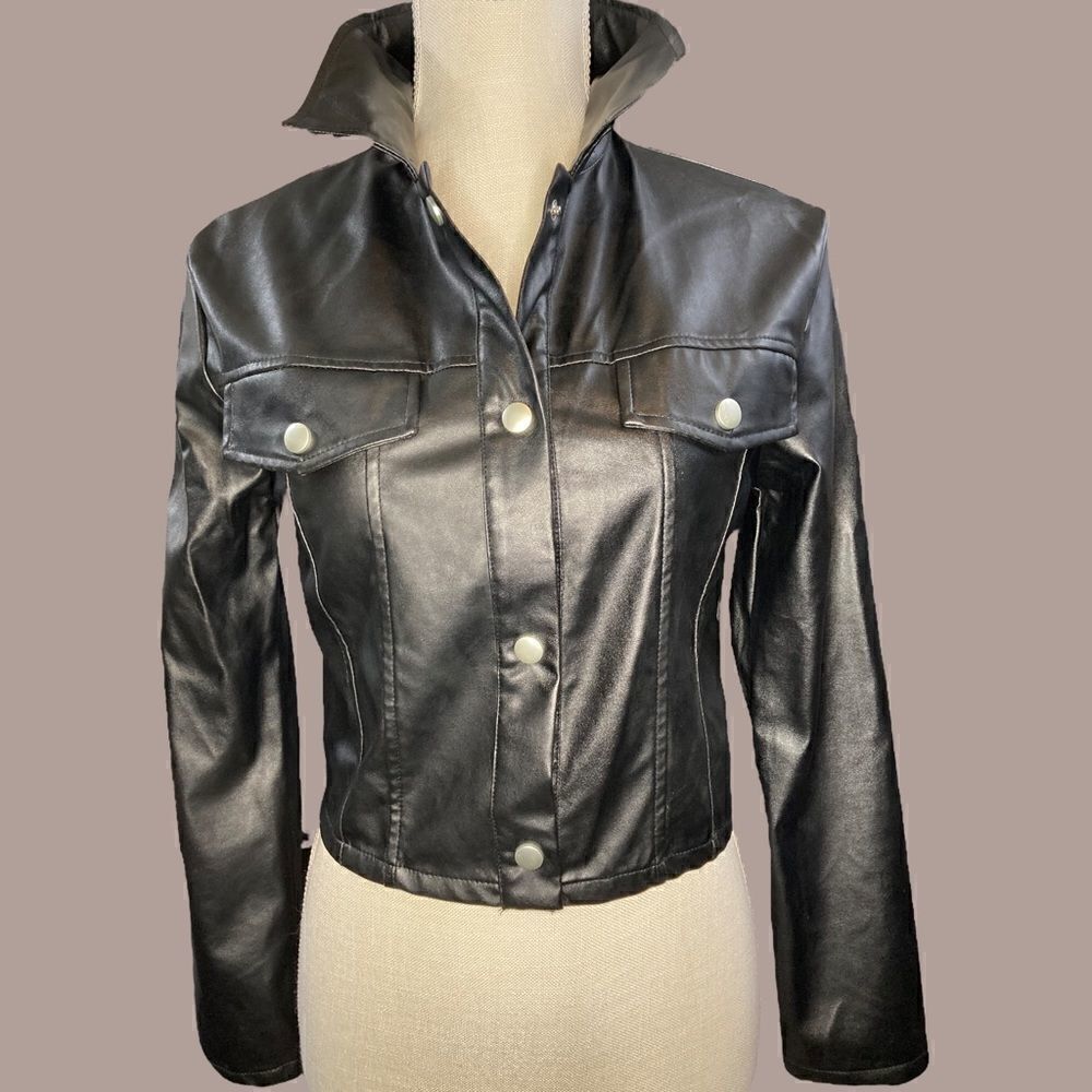 Black Faux Leather Cropped Button Down Lightweight Jacket - Picture 2 of 13